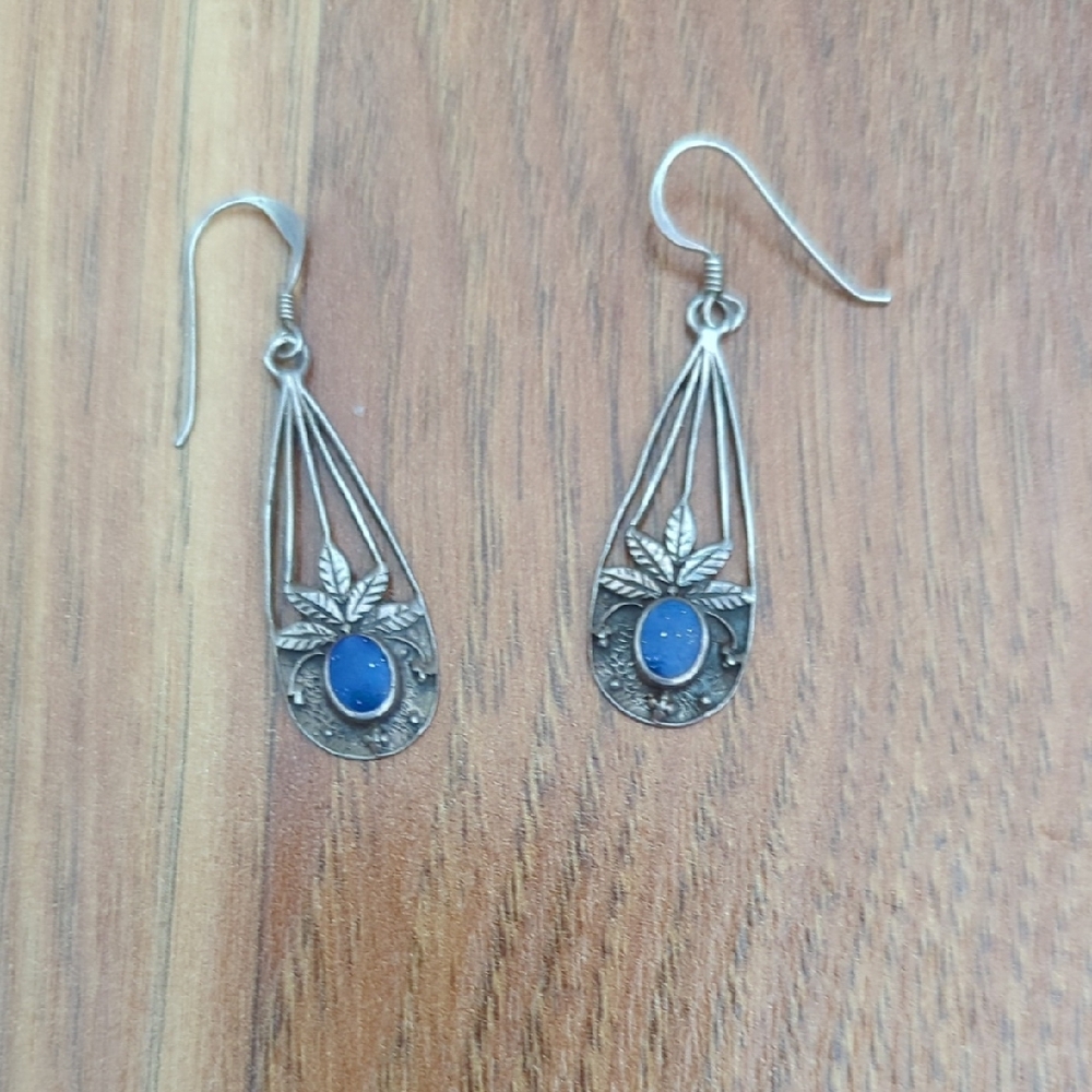 Handcrafted Silver Leaf Drop Earrings with Blue Stone